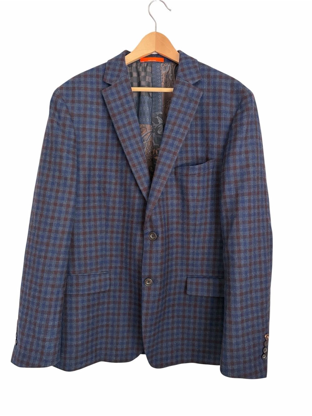 Tallia 100% Wool Blue Burgundy Windowpane Sport Coat Blazer 44R Men’s Old Money